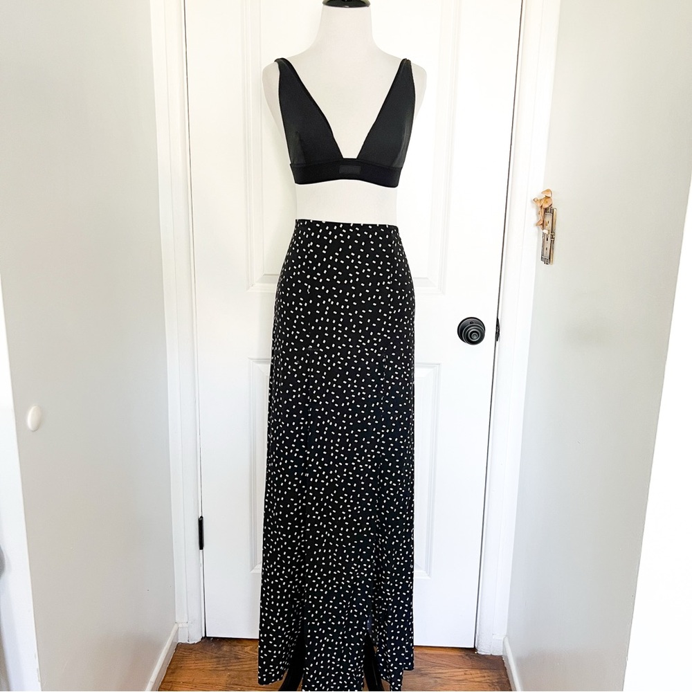 Stone Cold Fox Black and White Speckled Silk Maxi Skirt with Slits